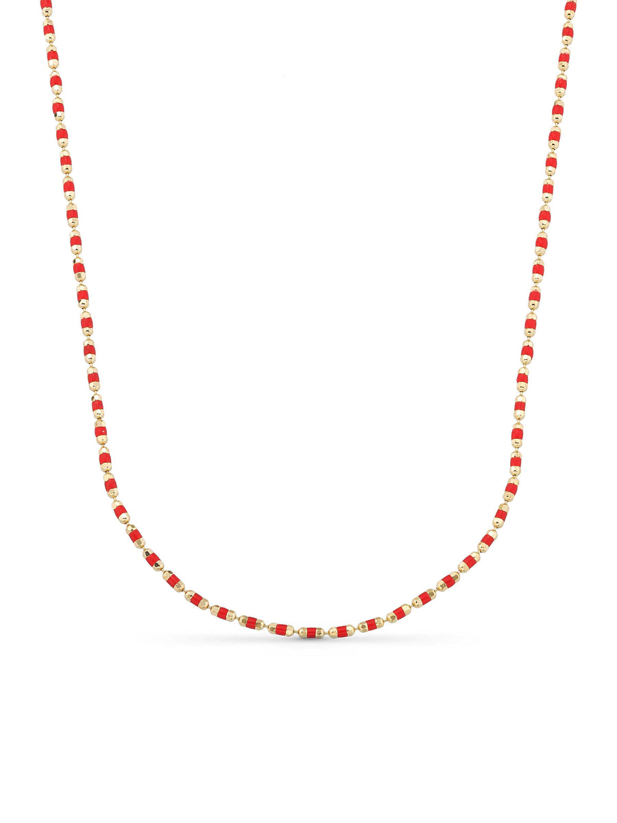 Red Cylinder Beaded Necklace in 14K Gold