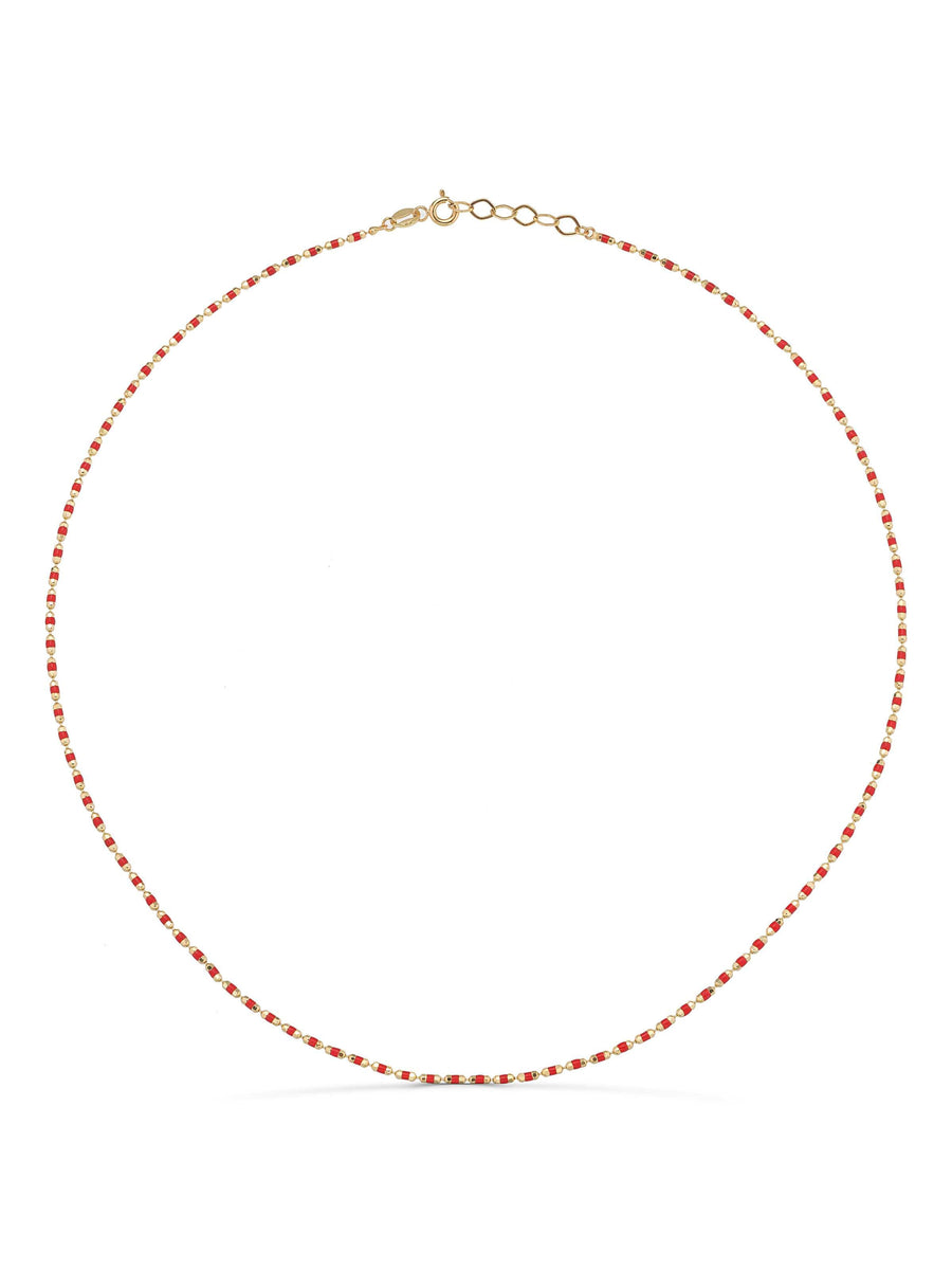 Red Cylinder Beaded Necklace in 14K Gold