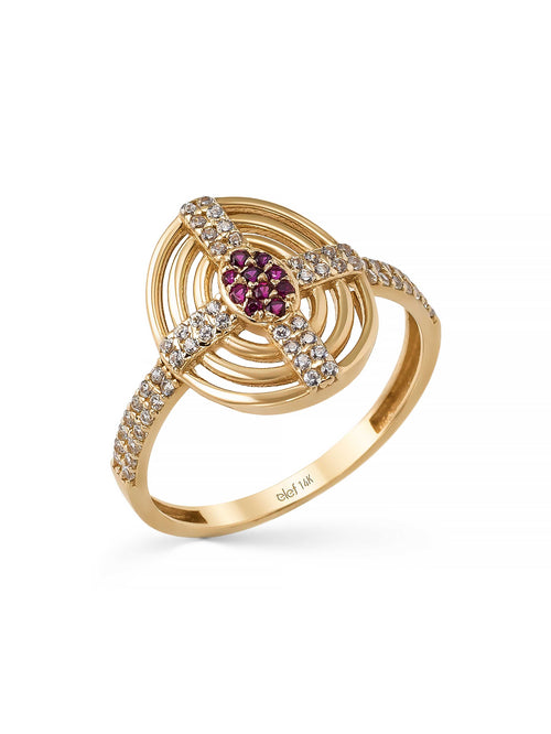 Red Stone Geometric Motif Ring in 14K Gold by Elef Jewelry