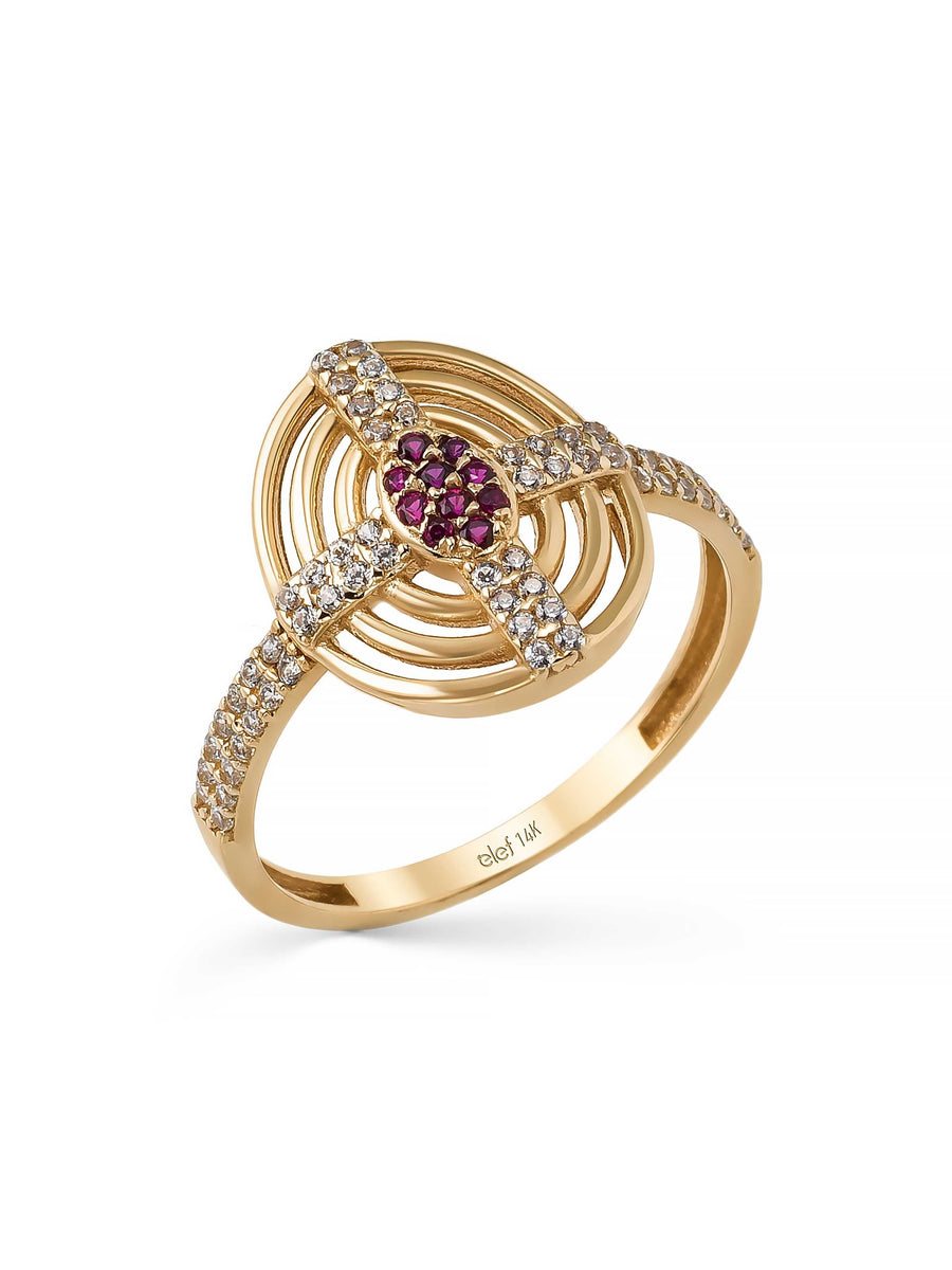 Red Stone Geometric Motif Ring in 14K Gold