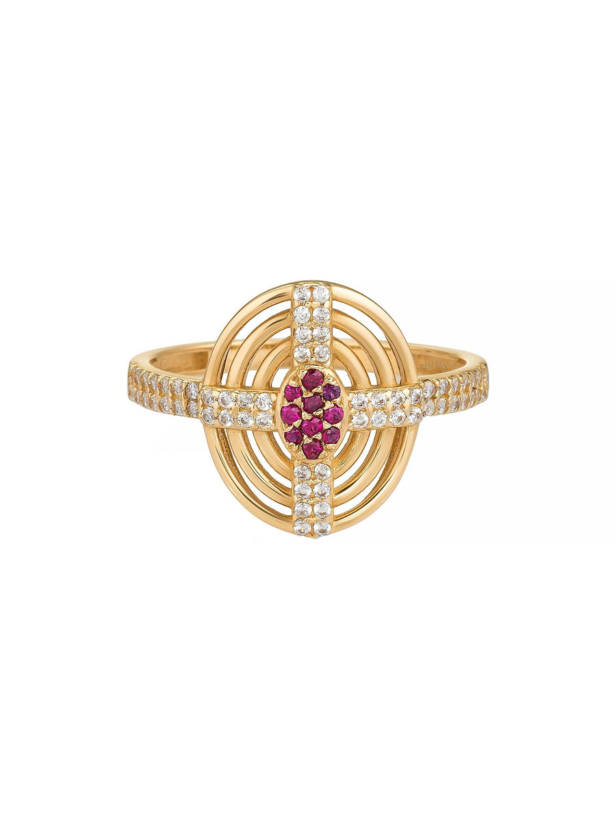 Red Stone Geometric Motif Ring in 14K Gold