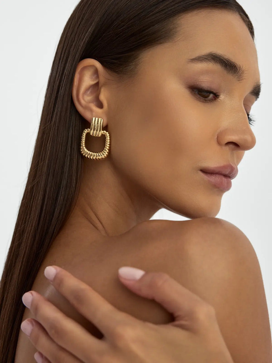 Corded Textured Rectangular Link Earrings in 14K Gold