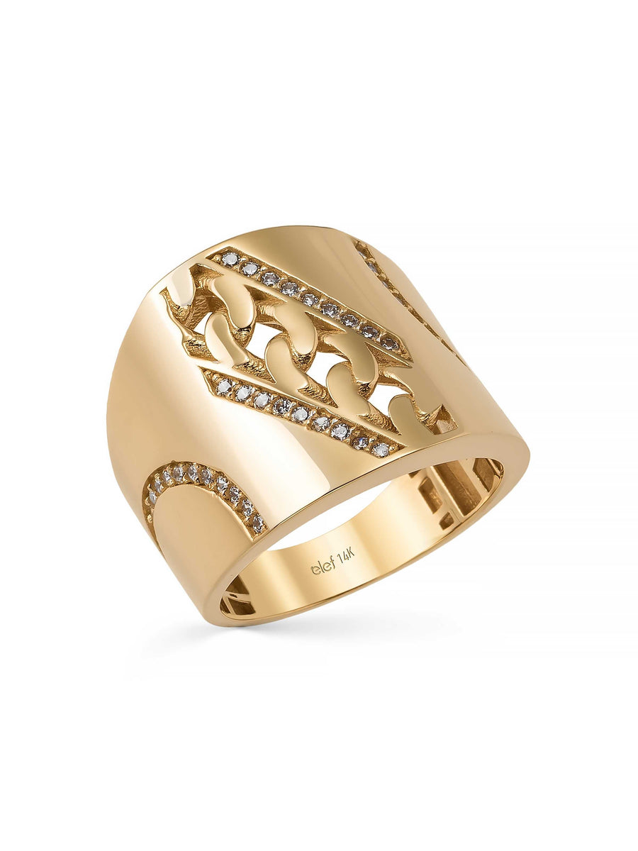 Cuban Chain Motif Stone Ring in 14K Gold