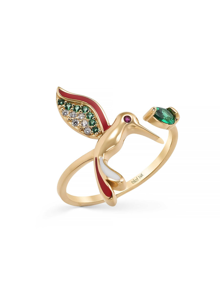 Bird Green Stone Ring in 14K Gold
