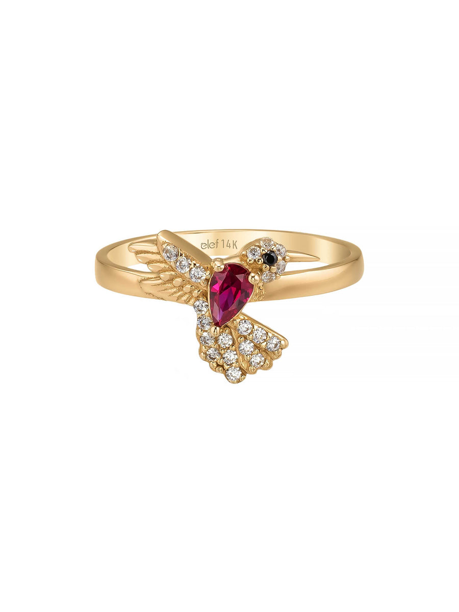 Bird Motif Multicolor Stone Ring in 14K Gold
