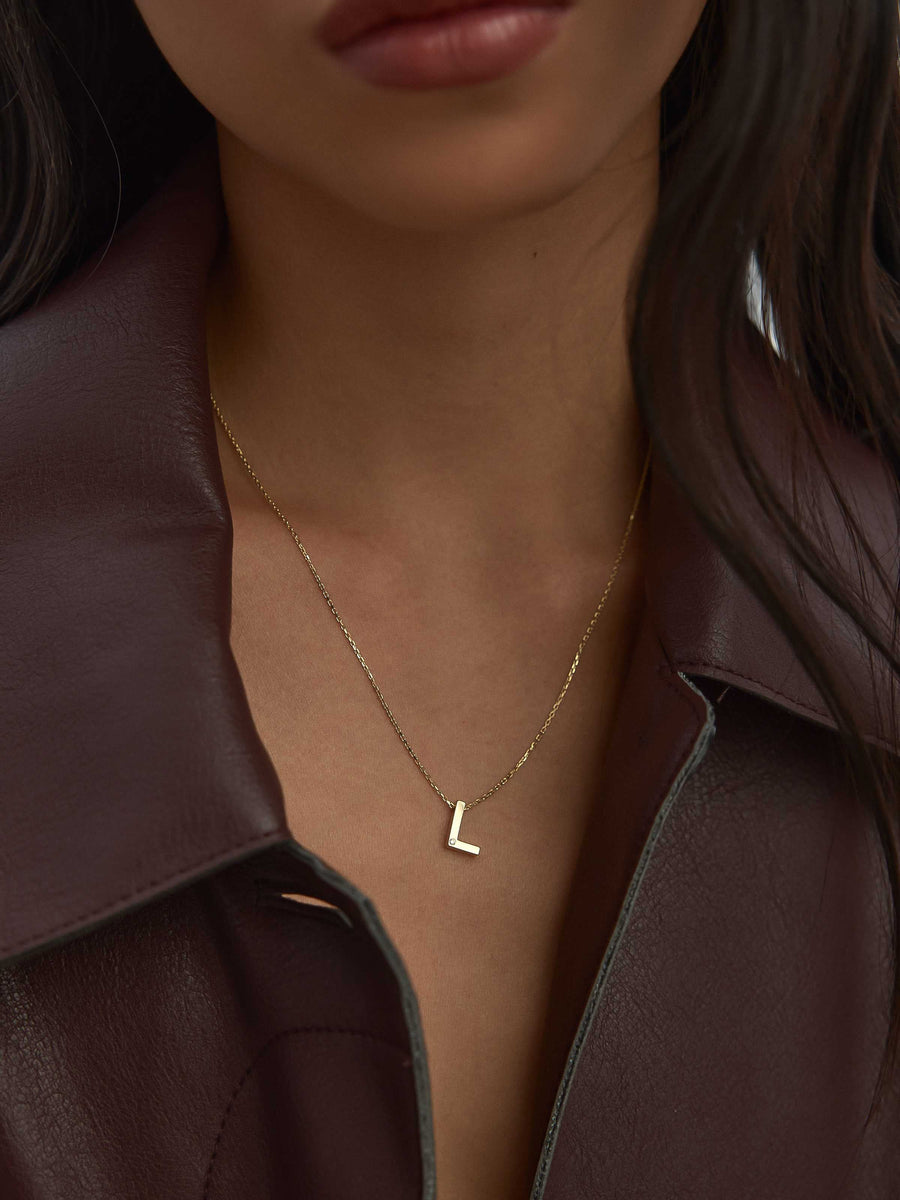 Letter L Stone Initial Necklace in 14K Gold