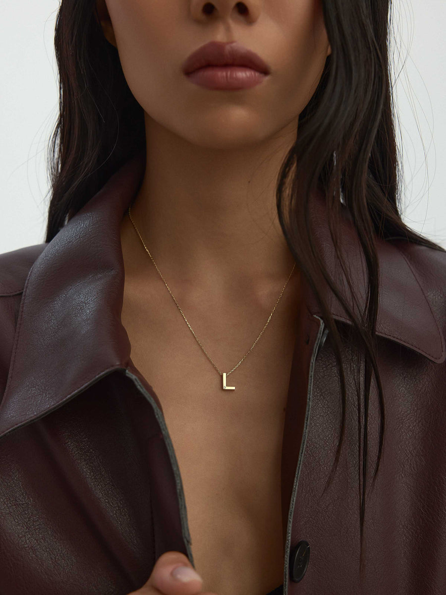 Letter L Stone Initial Necklace in 14K Gold
