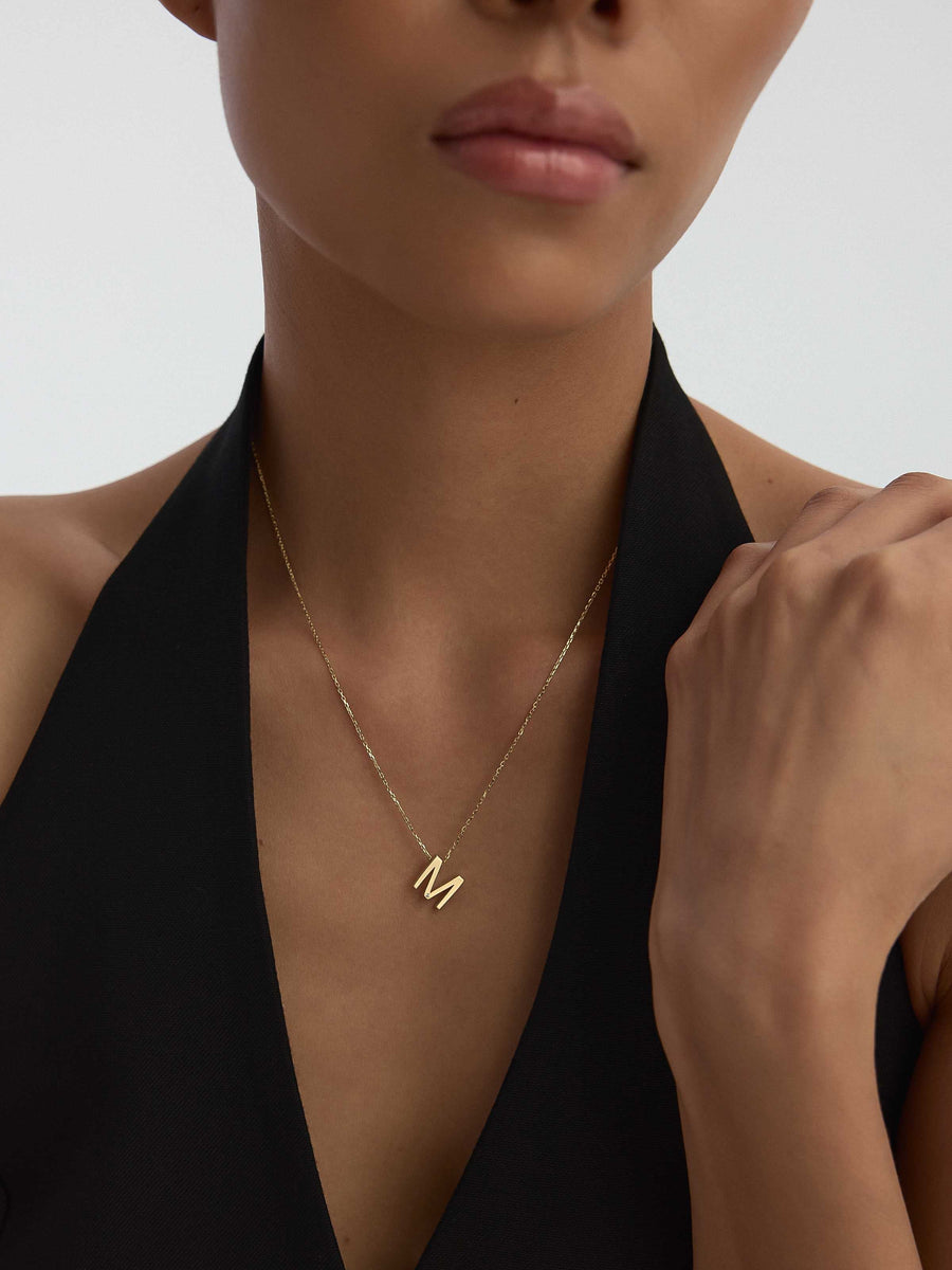 Letter M Stone Initial Necklace in 14K Gold