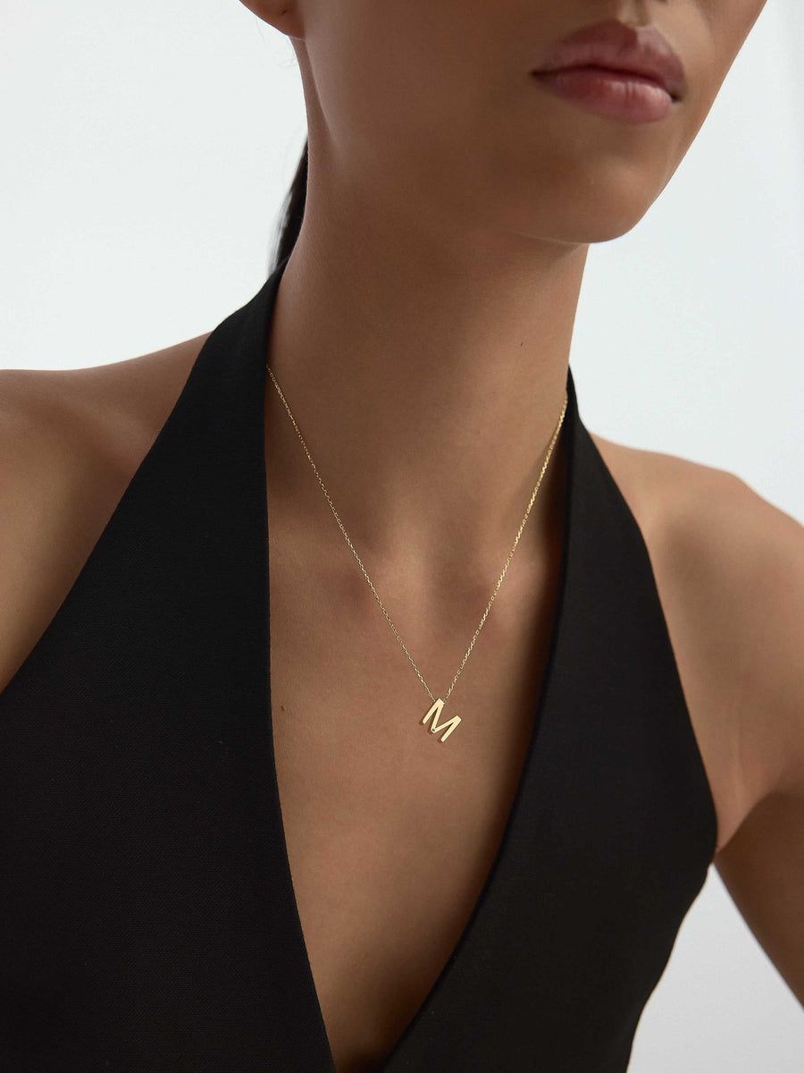 Letter M Stone Initial Necklace in 14K Gold