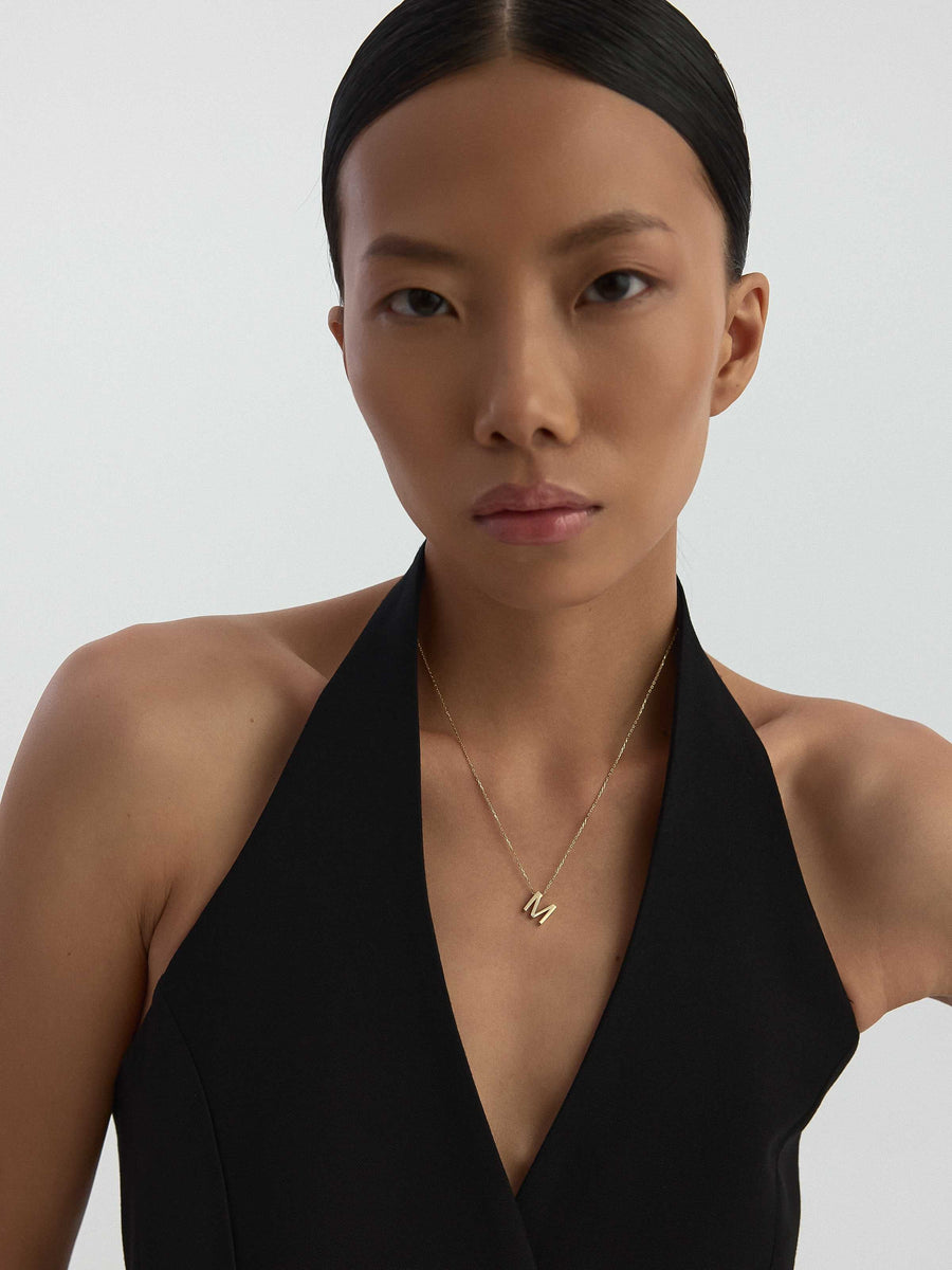 Letter M Stone Initial Necklace in 14K Gold