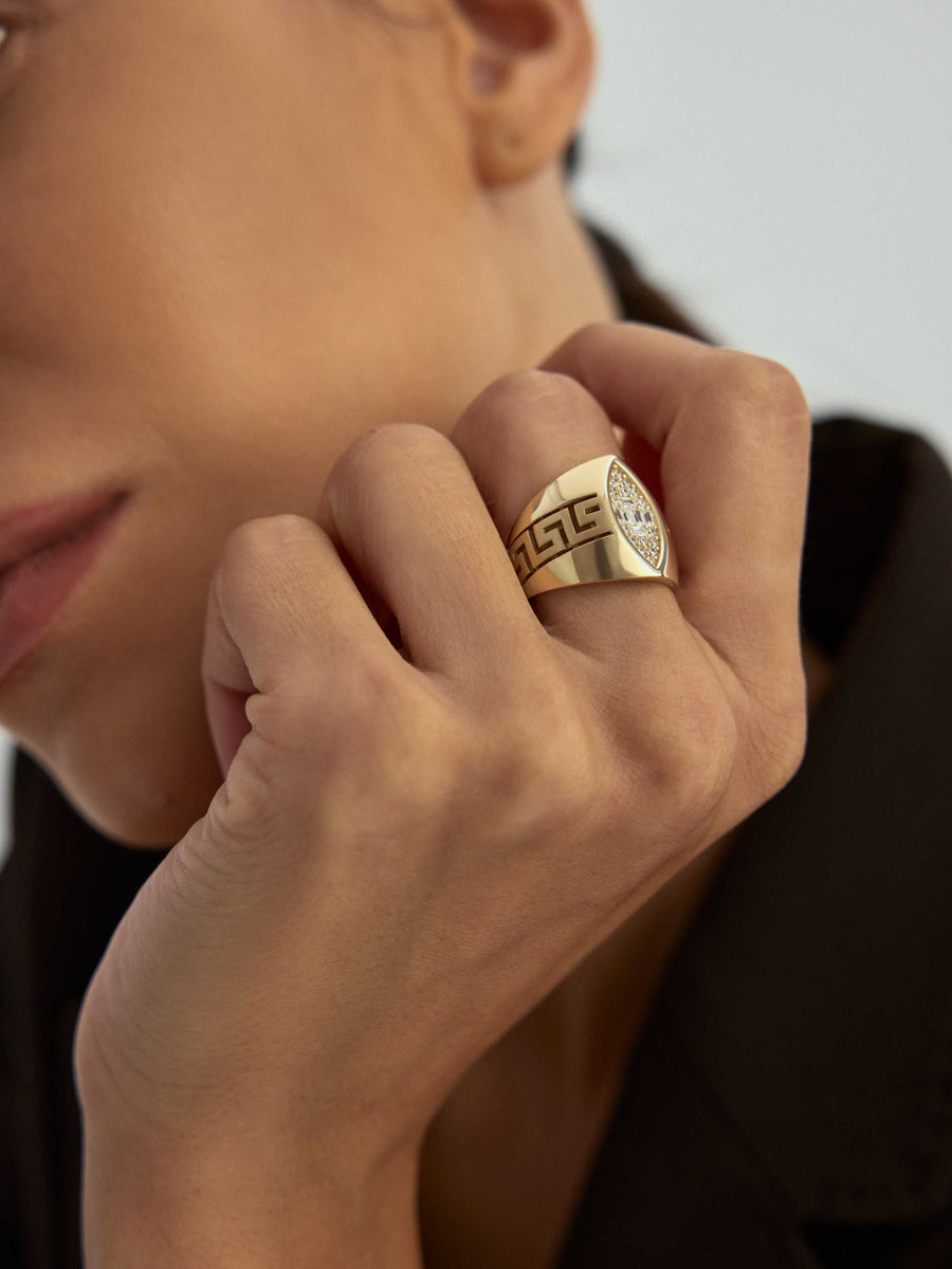 Marquise Cut Baguette Stone Geometric Ring in 14K Gold