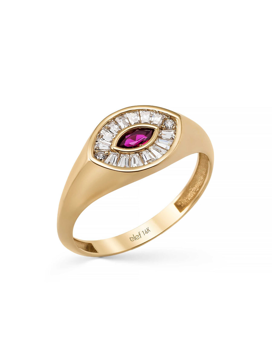 Marquise Garnet & Baguette Stone Ring in 14K Gold
