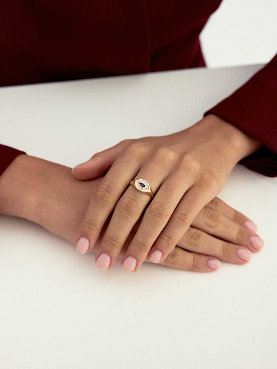 Marquise Garnet & Baguette Stone Ring in 14K Gold