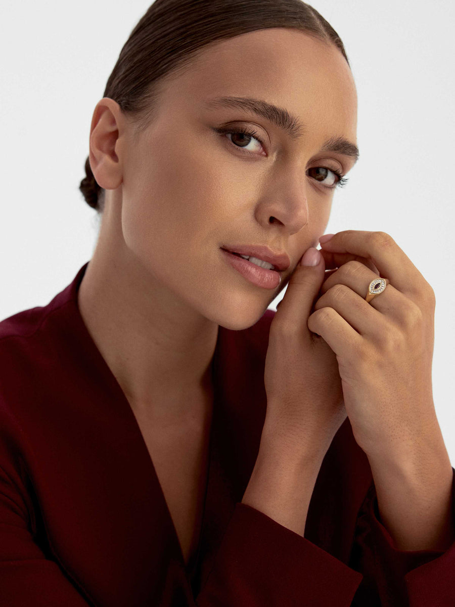 Marquise Garnet & Baguette Stone Ring in 14K Gold