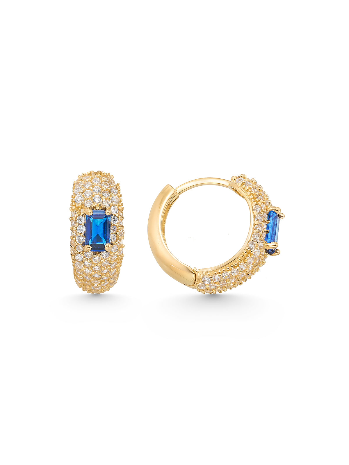 Blue Baguette Stone Accents Sparkling Earrings in 14K Gold by Elef Jewelry