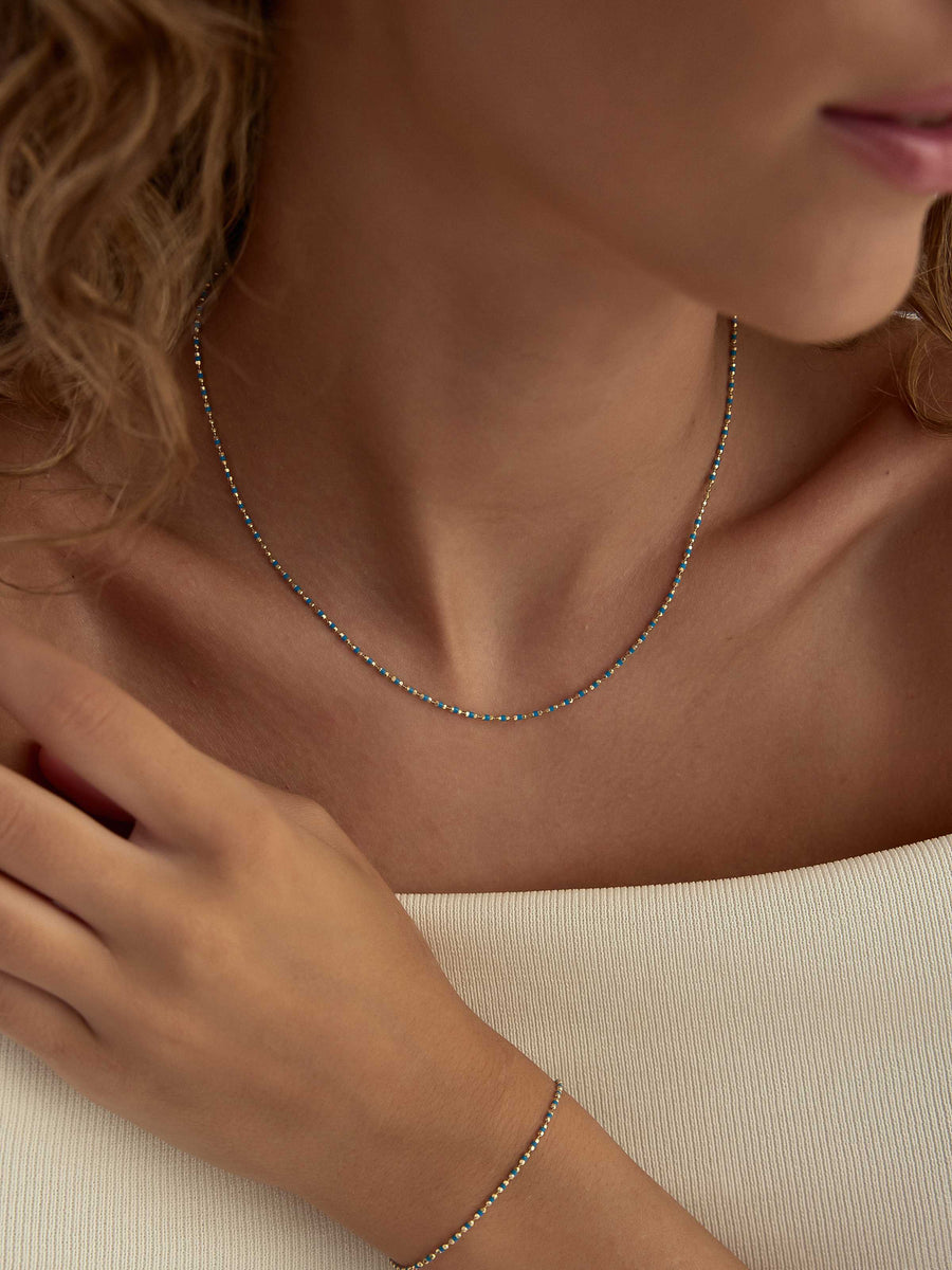 Blue Enamel Dorika Form Necklace in 14K Gold