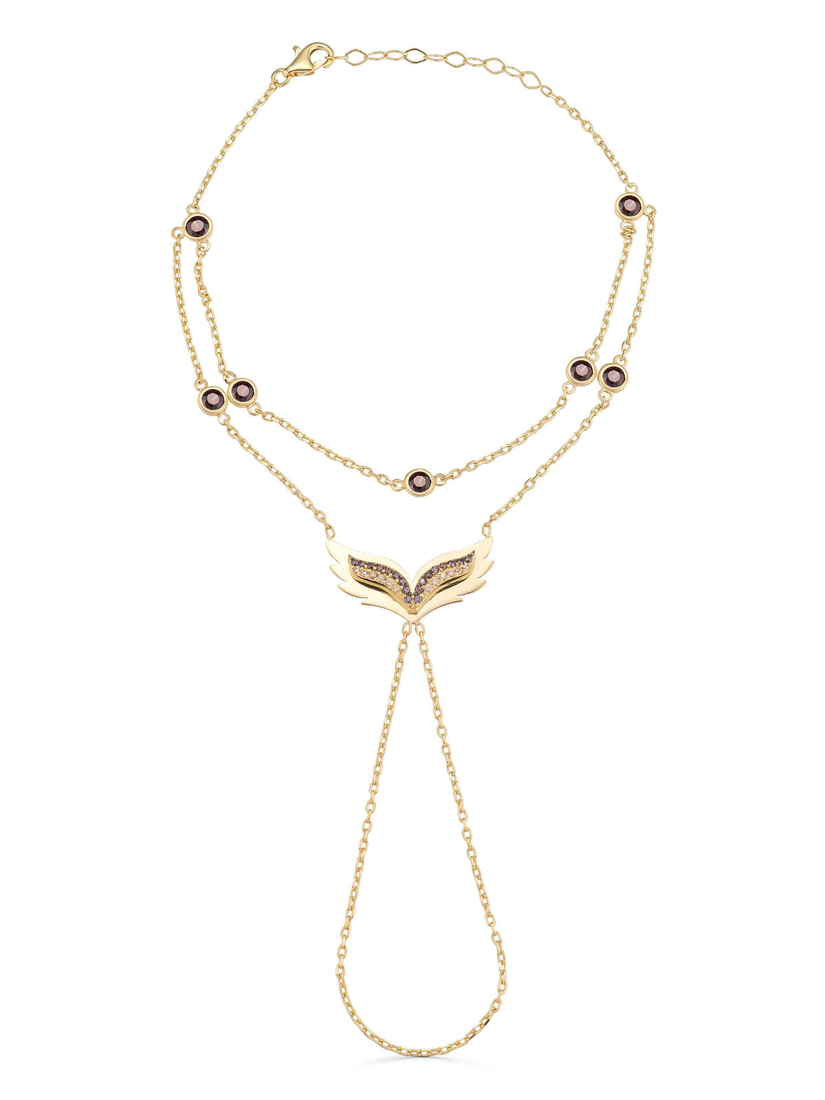 Angel Wing Black Zircon Stone Hand Chain in 14K Gold by Elef Jewelry