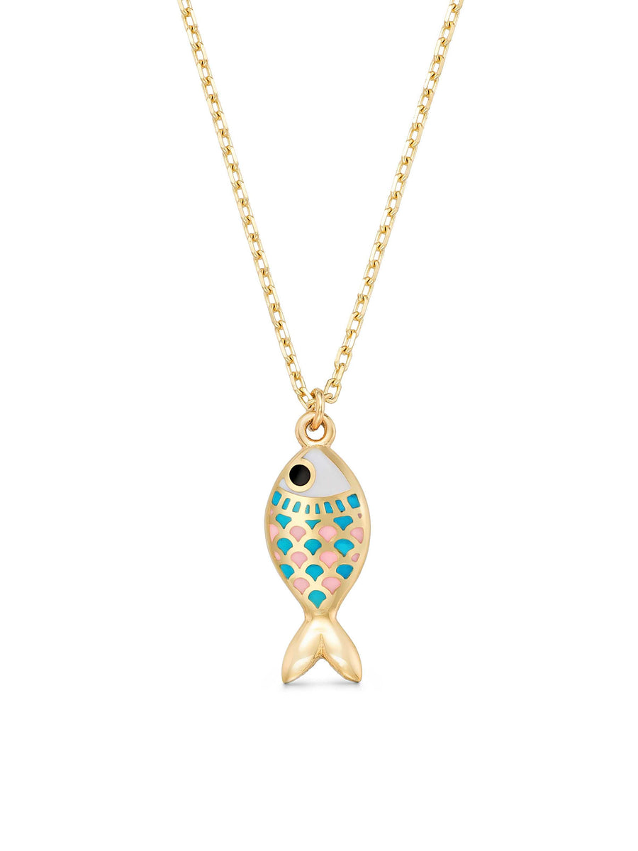 Enamel Fish Necklace in 14K Gold