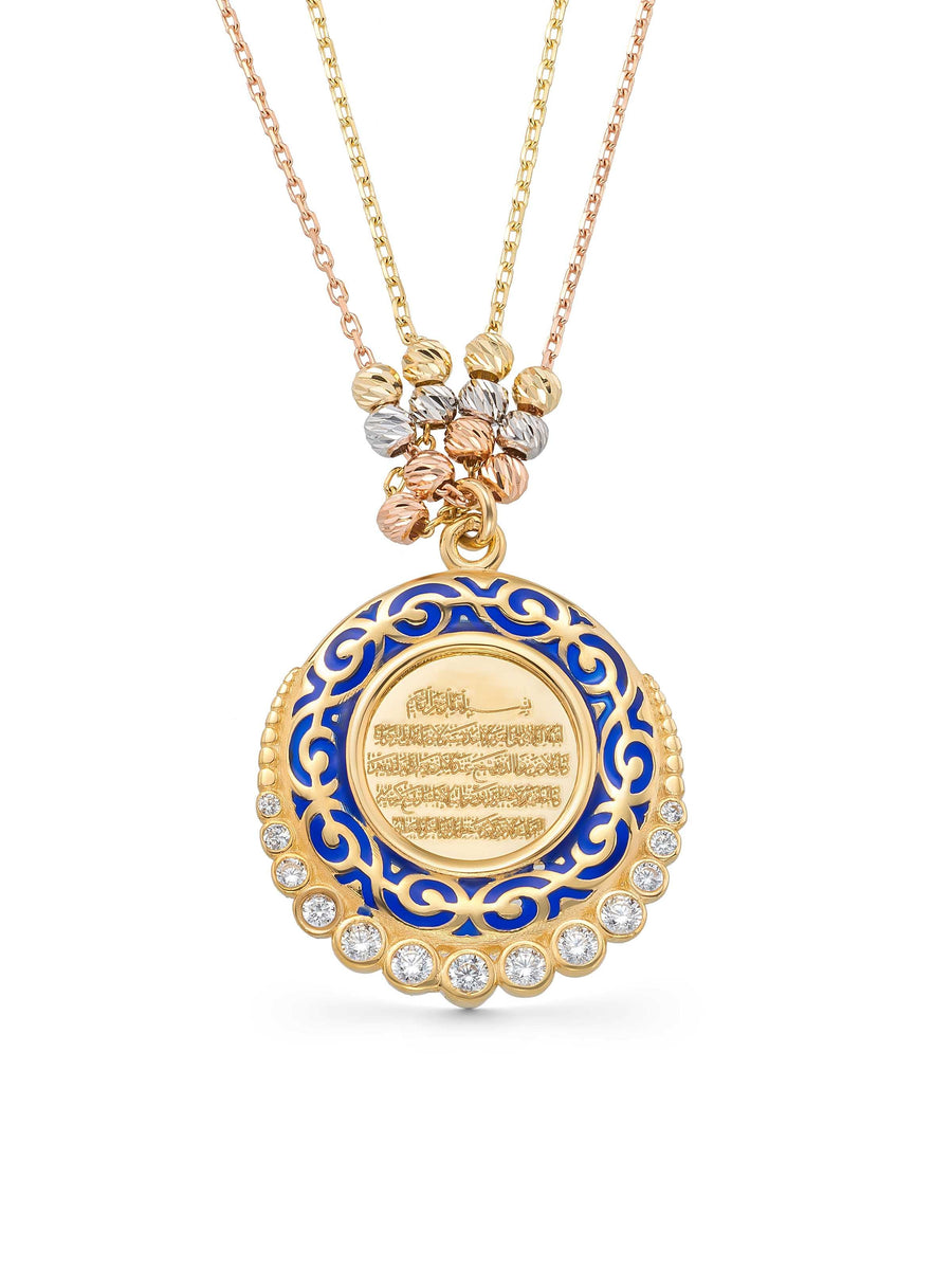 Enamel Dorika Bead Ayetel Kursi Inscribed Stone Necklace in 14K Gold