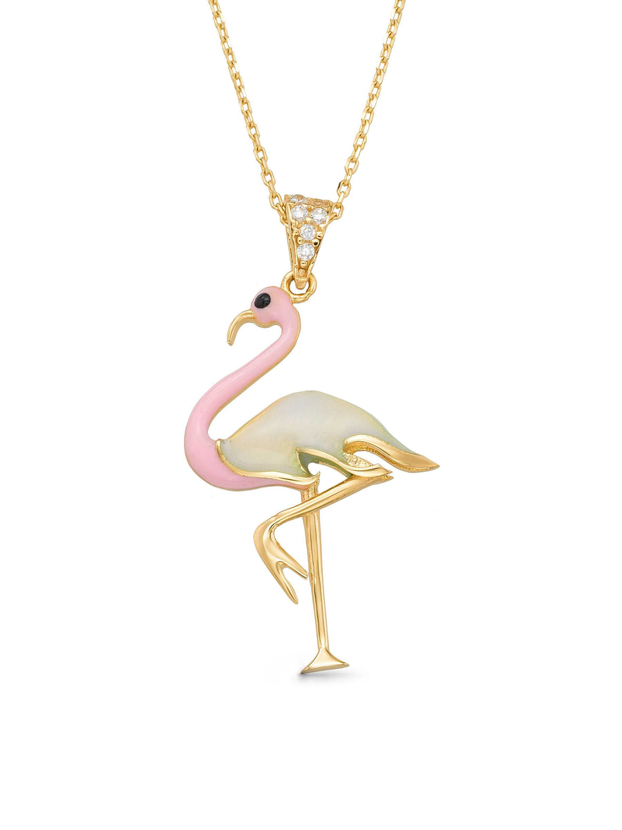 Enamel Flamingo Necklace in 14K Gold