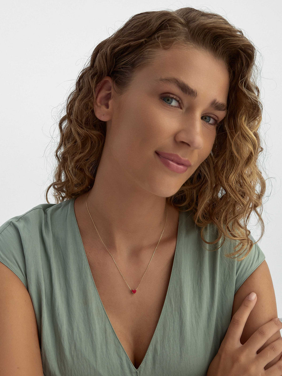 Enamel Heart Necklace in 14K Gold