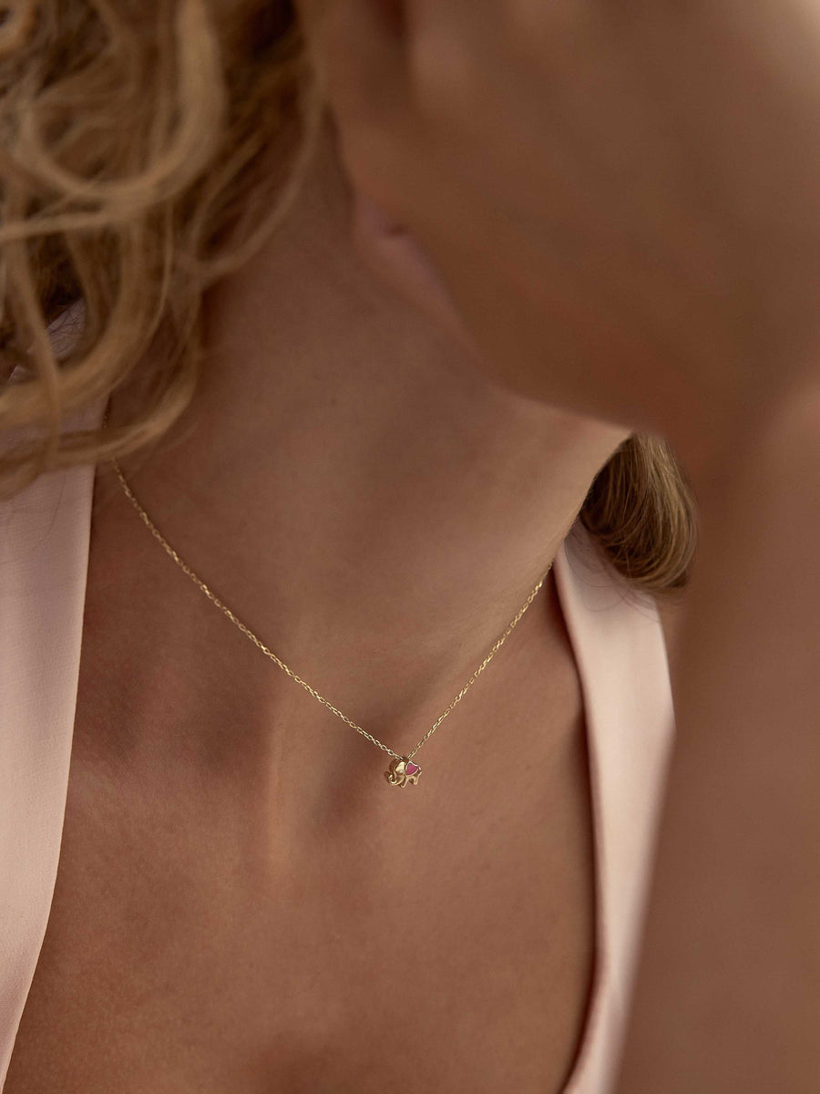 Enamel Heart Elephant Necklace in 14K Gold