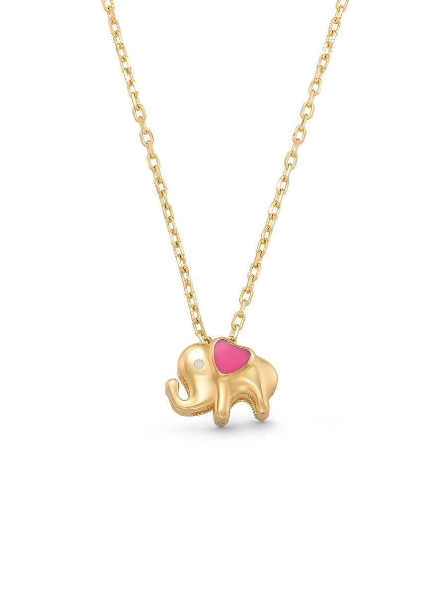 Enamel Heart Elephant Necklace in 14K Gold