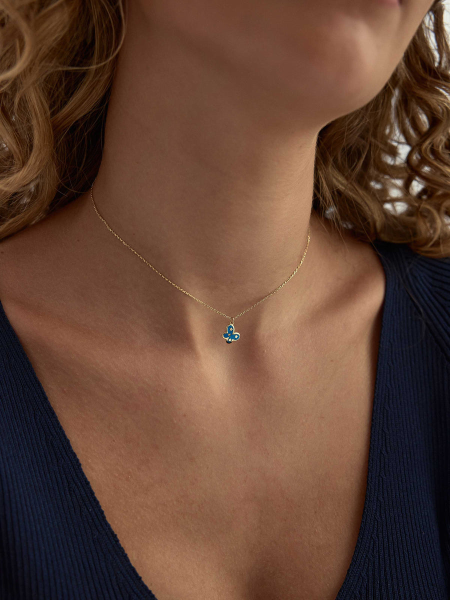 Enamel Butterfly Star Motif Necklace in 14K Gold