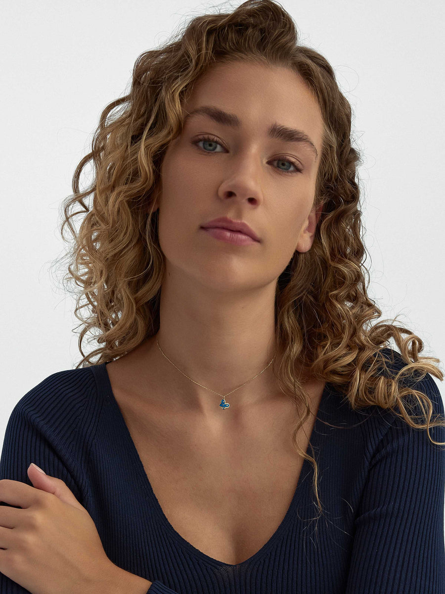 Enamel Butterfly Star Motif Necklace in 14K Gold