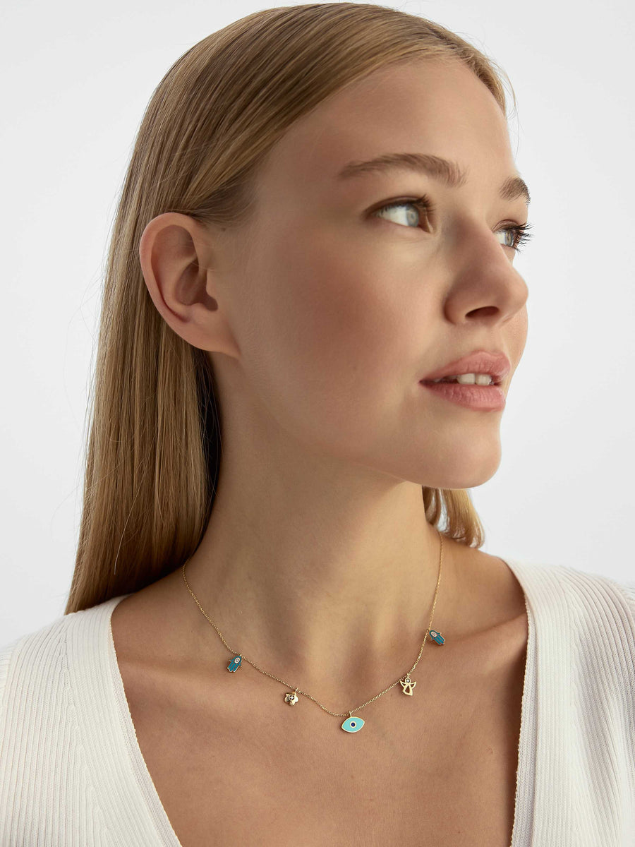 Enamel Evil Eye Themed & Necklace in 14K Gold