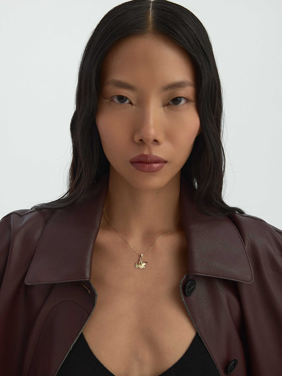 Enamel Threean Bird Necklace in 14K Gold