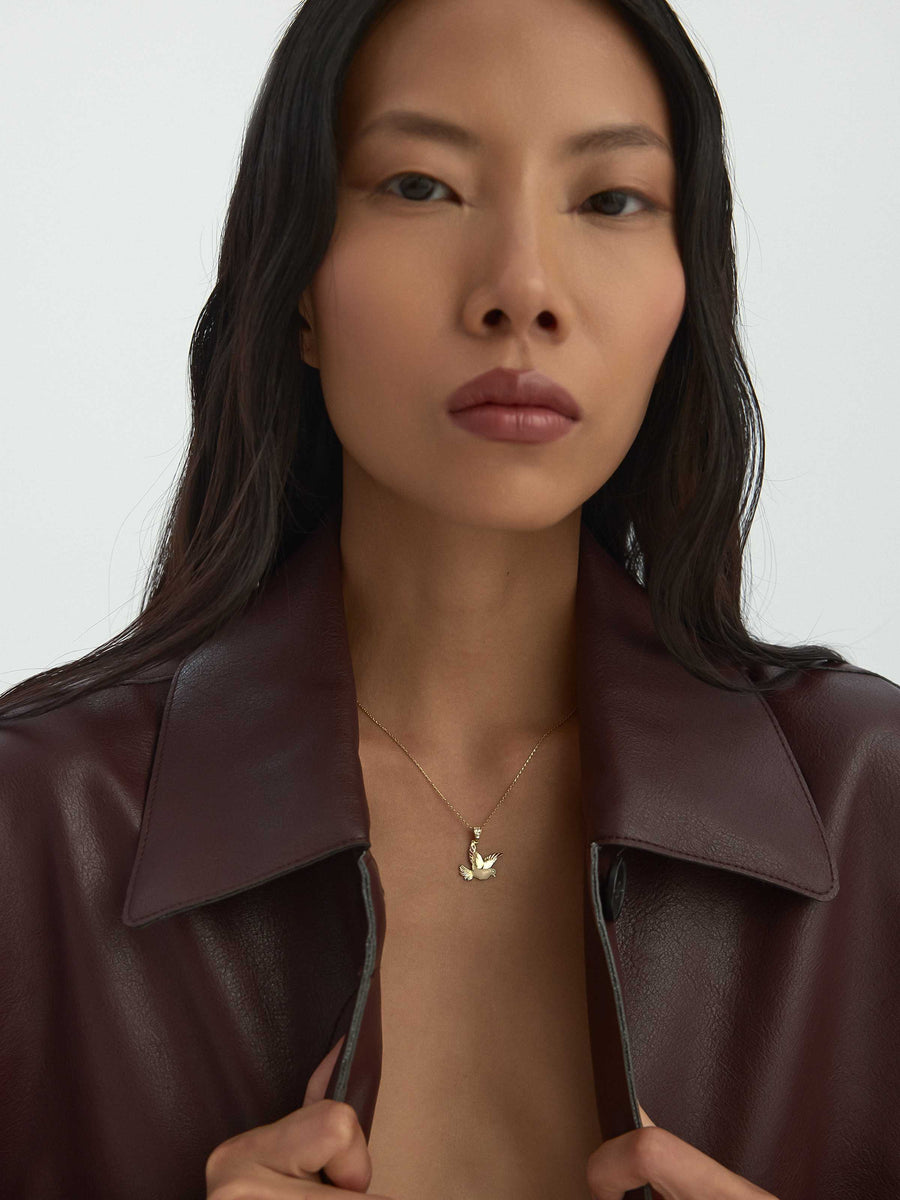 Enamel Threean Bird Necklace in 14K Gold
