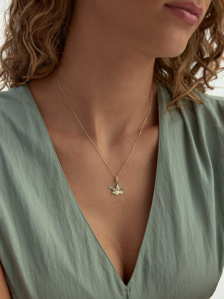 Enamel Flying Bird Necklace in 14K Gold