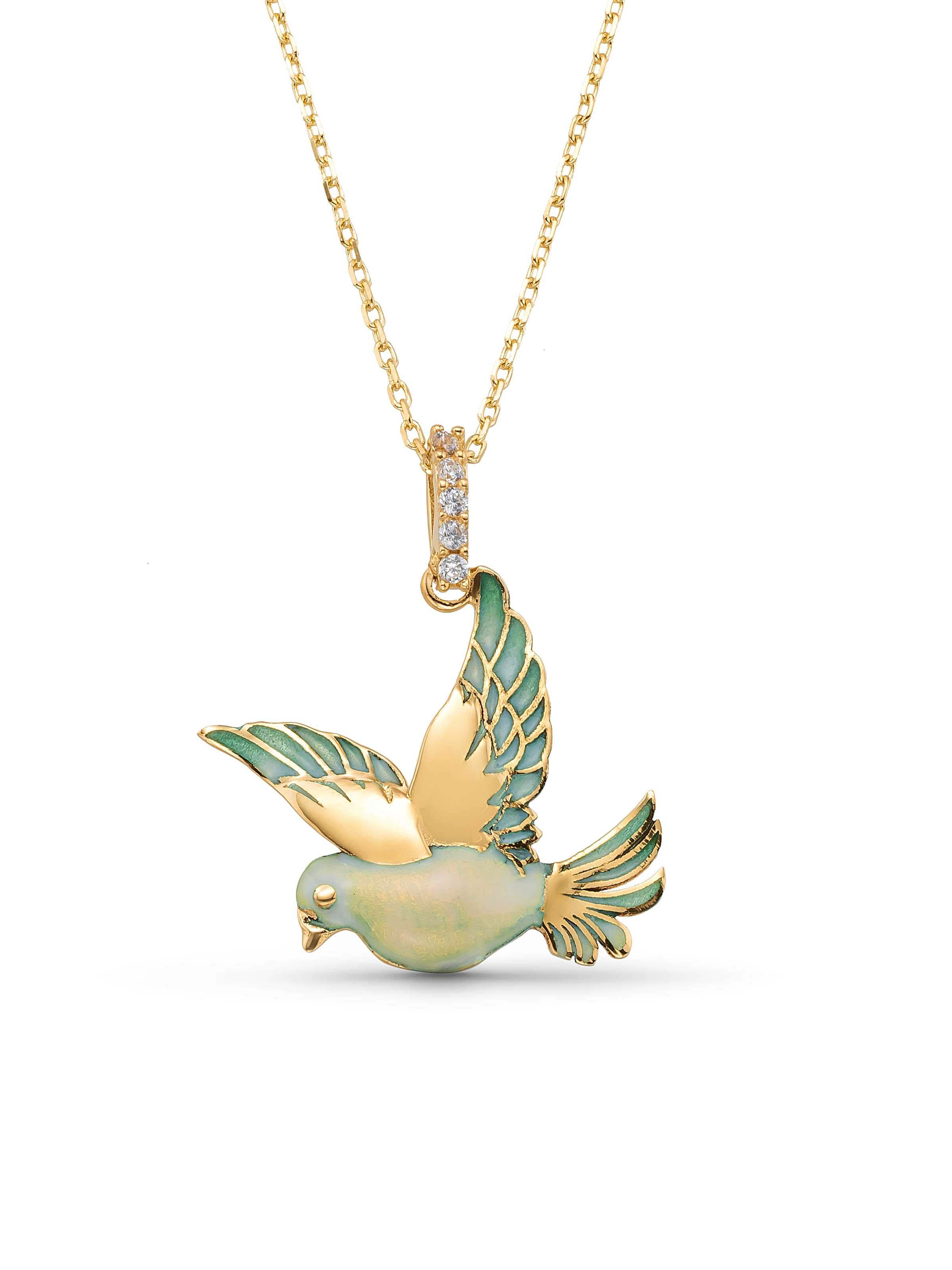 Enamel Flying Bird Necklace in 14K Gold by Elef Jewelry