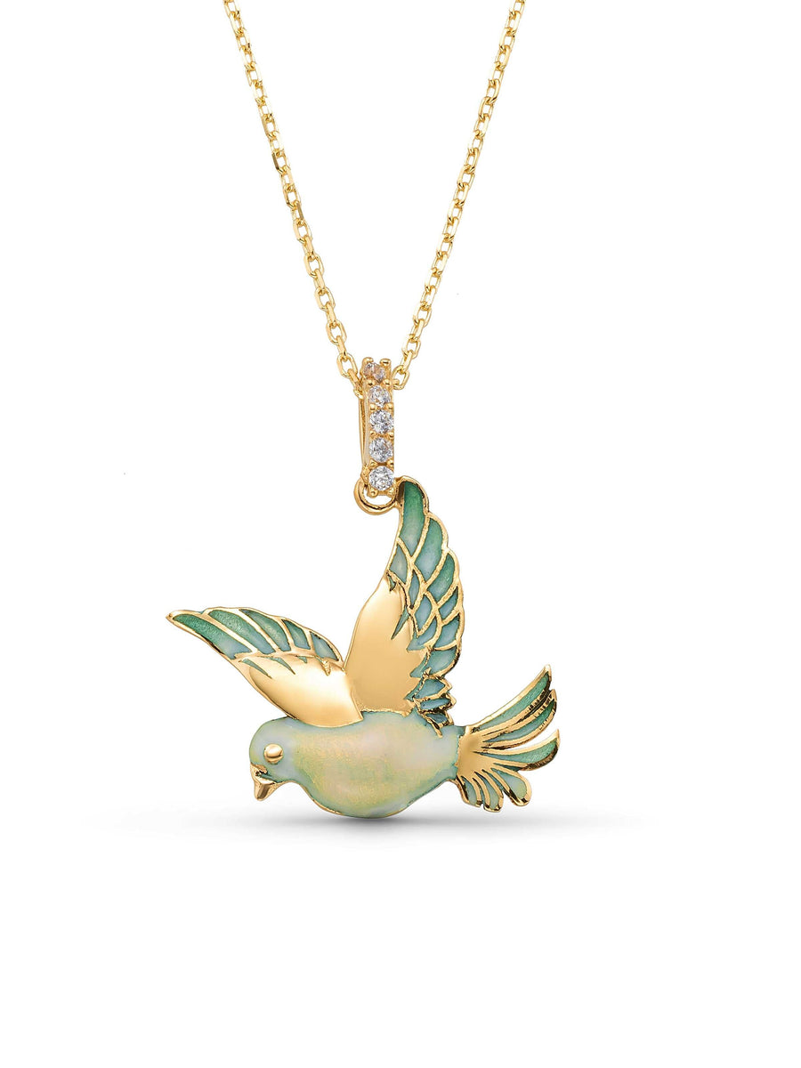 Enamel Flying Bird Necklace in 14K Gold