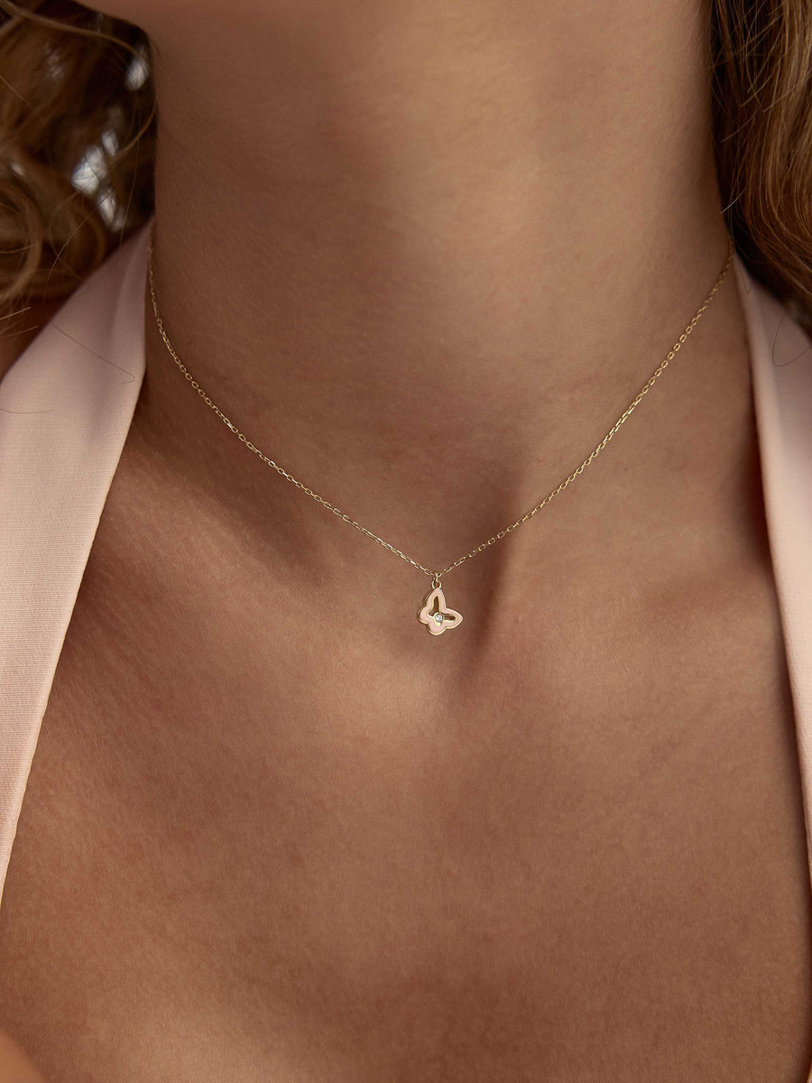 Enamel & Butterfly Necklace With Stone Accents in 14K Gold