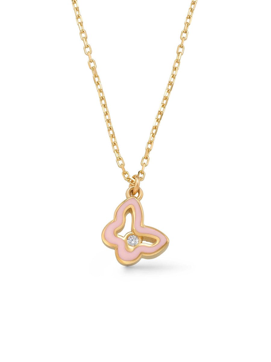 Enamel & Butterfly Necklace With Stone Accents in 14K Gold