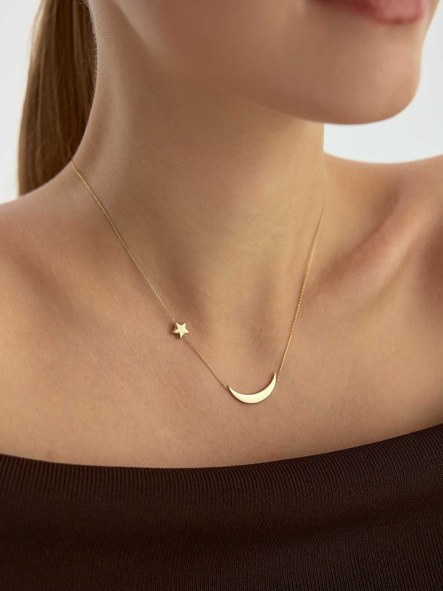 Modern Hilal & Star Necklace in 14K Gold