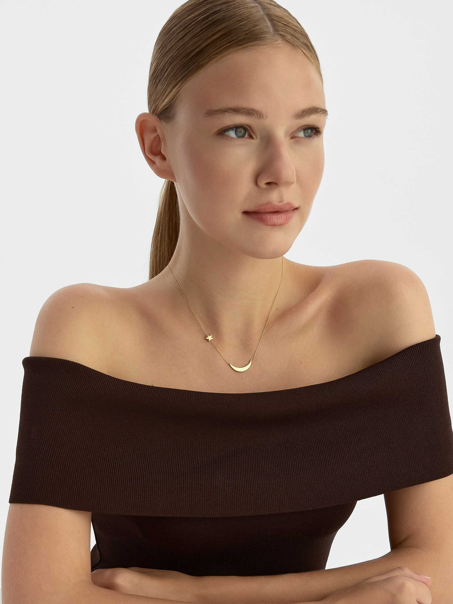 Modern Hilal & Star Necklace in 14K Gold
