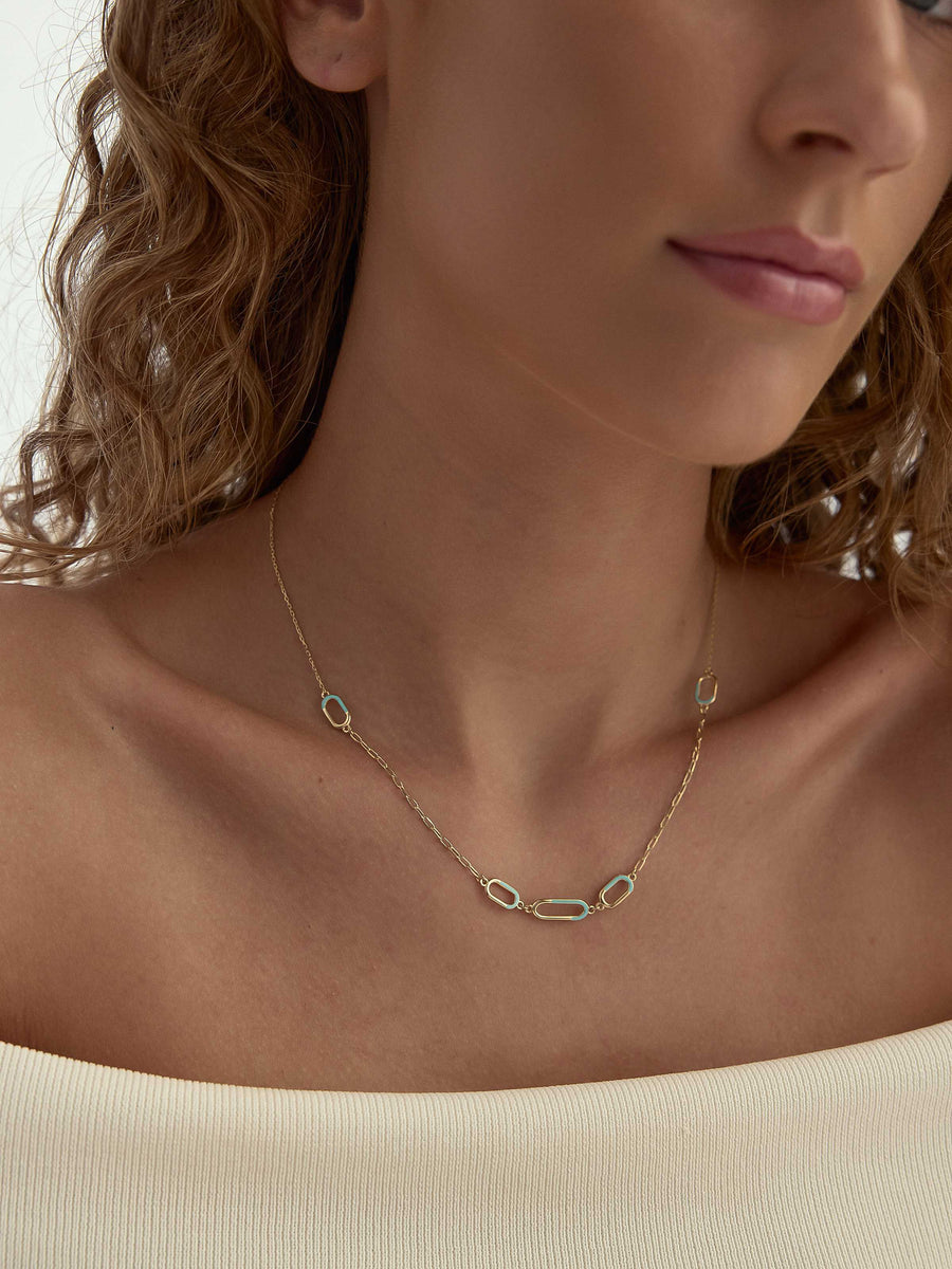 Modern Oval Enamel Gold Necklace in 14K Gold