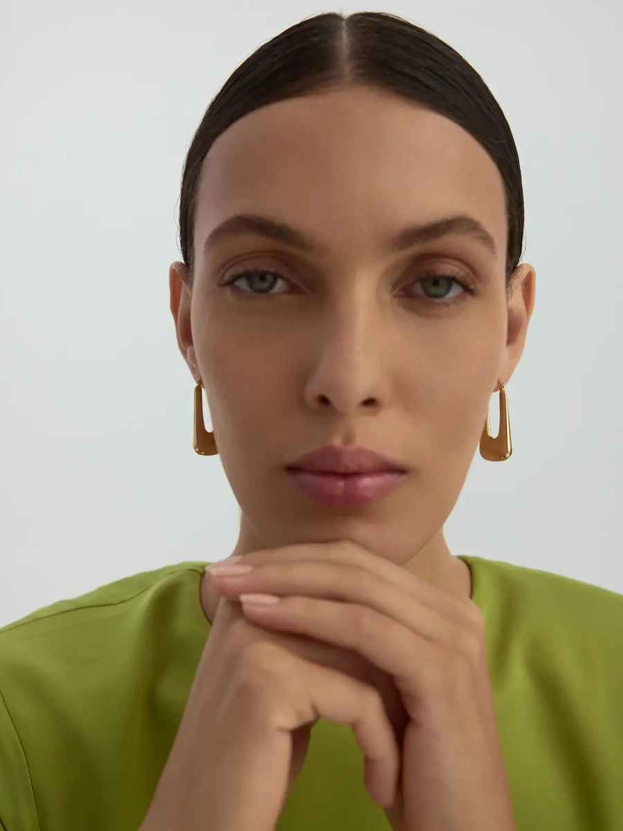 Modern Half Oval Form Earrings in 14K Gold