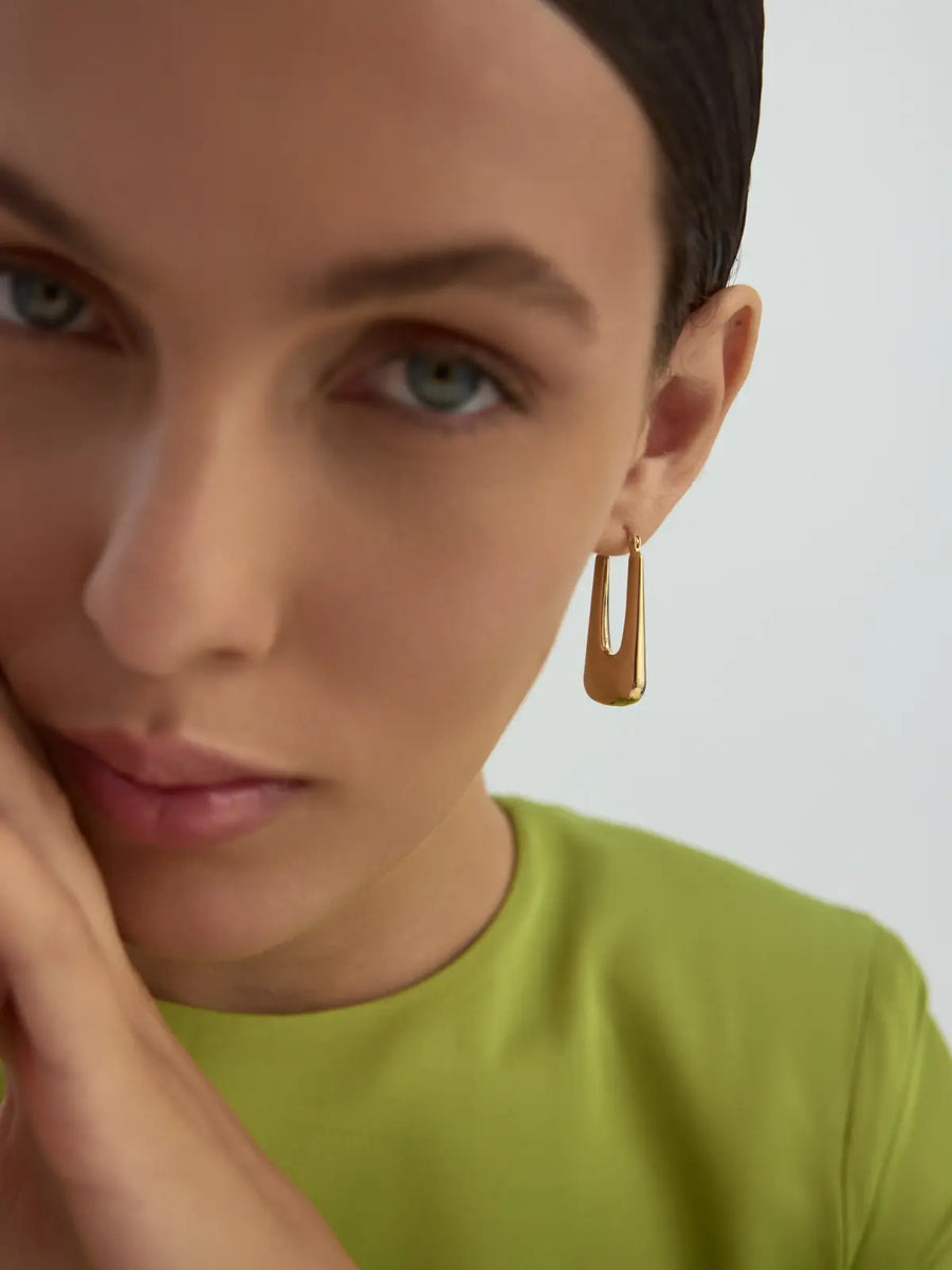 Modern Half Oval Form Earrings in 14K Gold