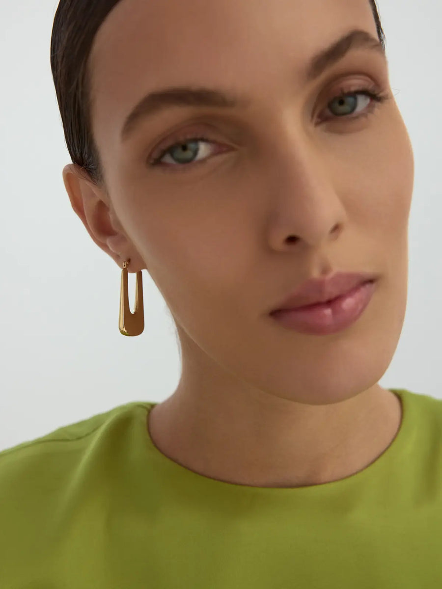 Modern Half Oval Form Earrings in 14K Gold