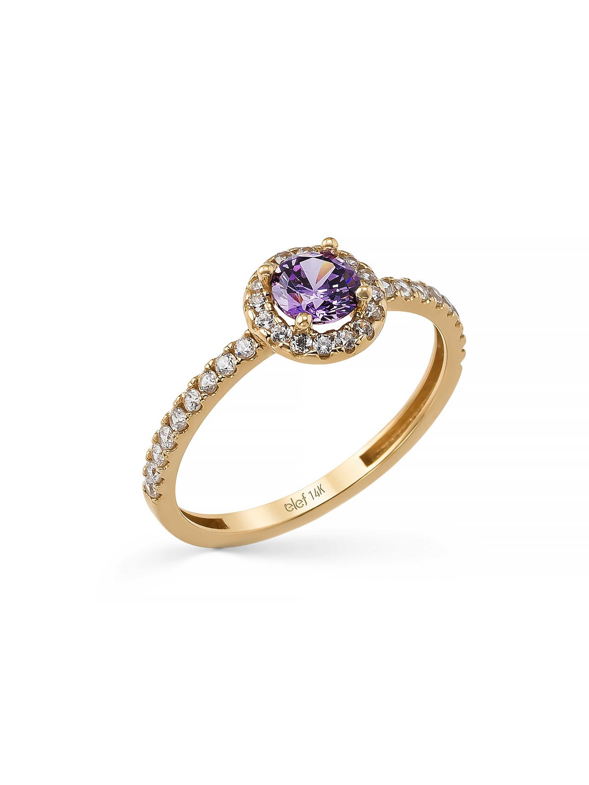 Purple Stone Halo Diamond-Inspired Ring in 14K Gold by Elef Jewelry