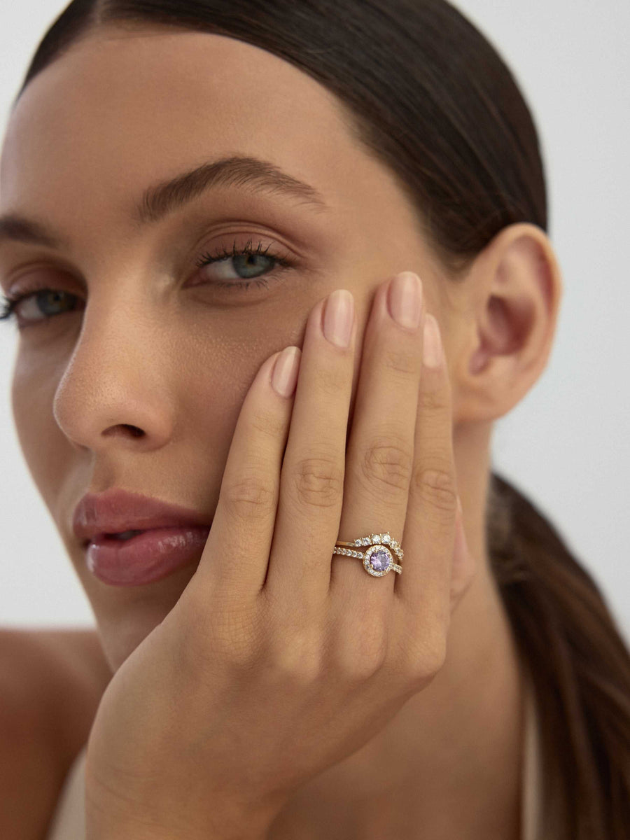 Purple Stone Halo Diamond-Inspired Ring in 14K Gold
