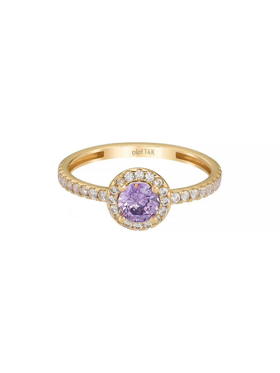 Purple Stone Halo Diamond-Inspired Ring in 14K Gold