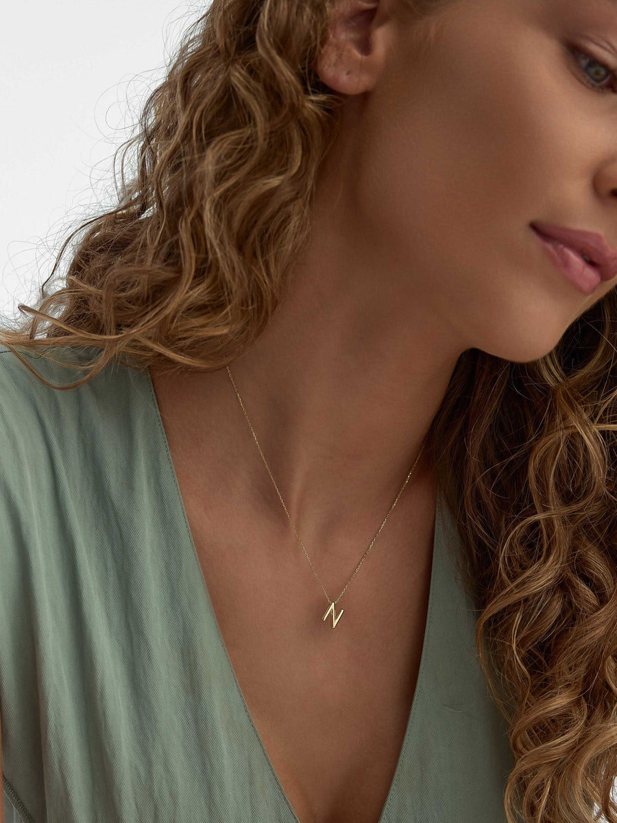 Letter N Classic Initial Necklace in 14K Gold