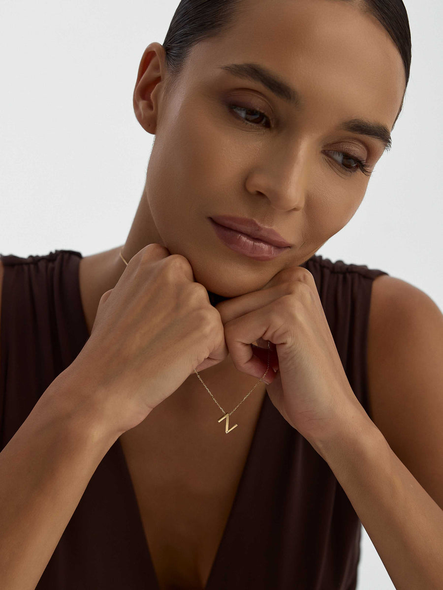 Letter N Stone Initial Necklace in 14K Gold