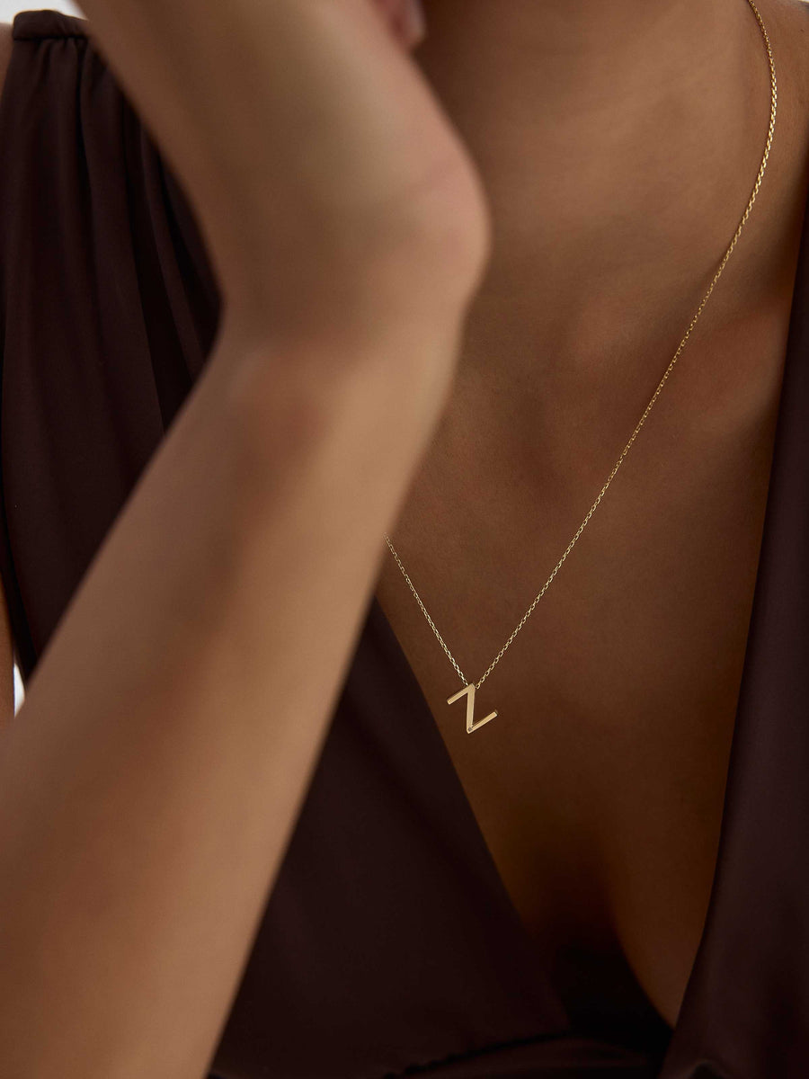 Letter N Stone Initial Necklace in 14K Gold