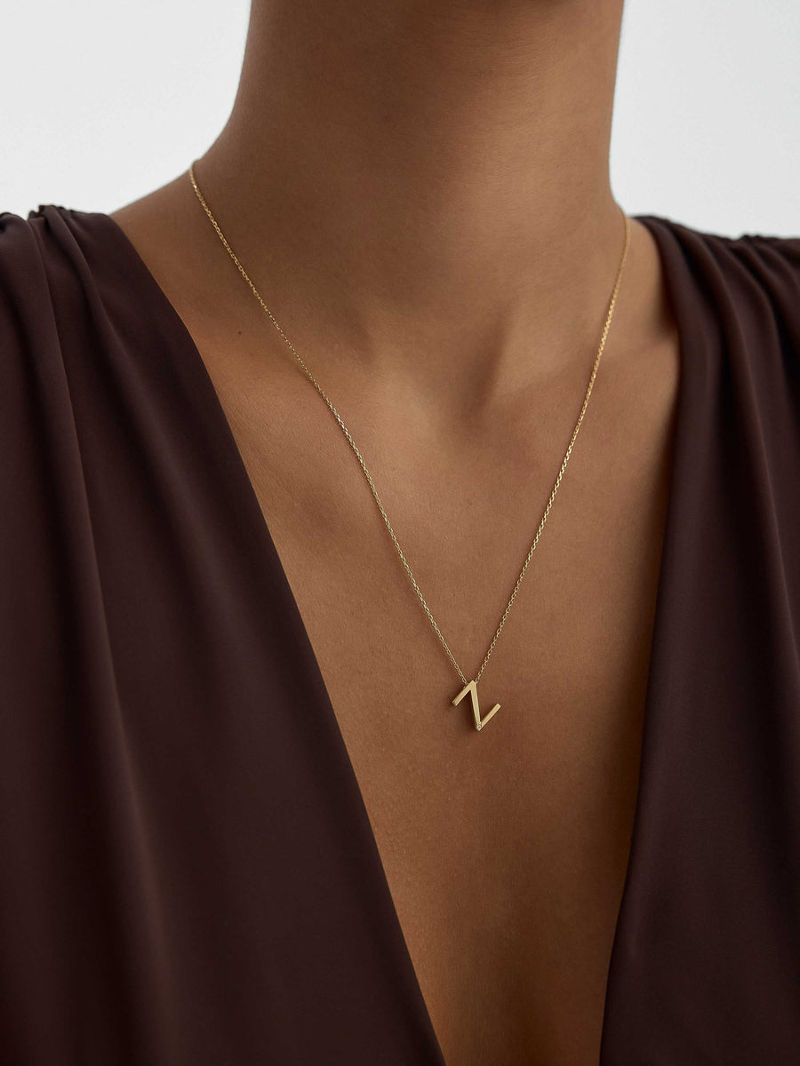 Letter N Stone Initial Necklace in 14K Gold